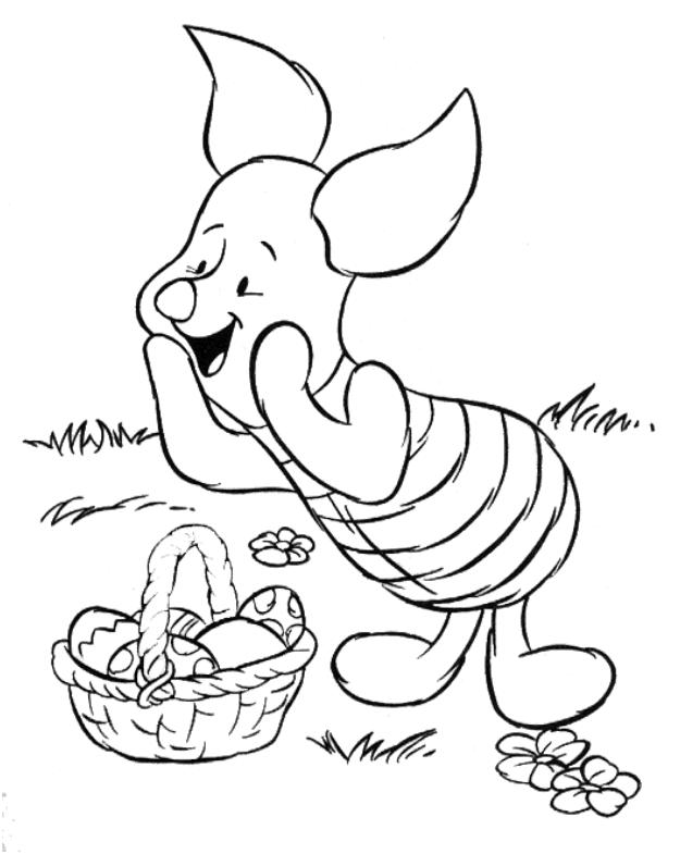 coloriage porcinet trouve un panier d oeufs de paques